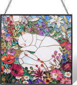 Cat Stained Glass Window Hanging, 7.9" Square Suncatcher with Chain Suction Cup, Cute Kitten Sun Catchers Indoor Window, Colorful Cat Decor for Wall, Porch, Birthday, Snow White Cat