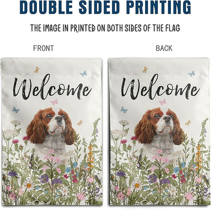 Floral Cavalier King Charles Spaniel Garden Flag Spring Summer House Flags 28 x 40 Double Sided Flower Dog Yard Flags for Outside Large Outdoor Welcome Flags