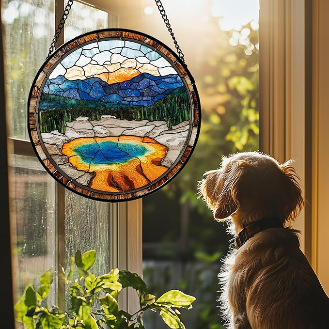 Stained Glass Window Hanging - Abstract Lake Landscape Suncatcher for Door Terrace Garden Home Decor Mountains Forests Sun Catcher Birthday Gifts for Lovers Women Men Dad Mom Nana 6.3 in