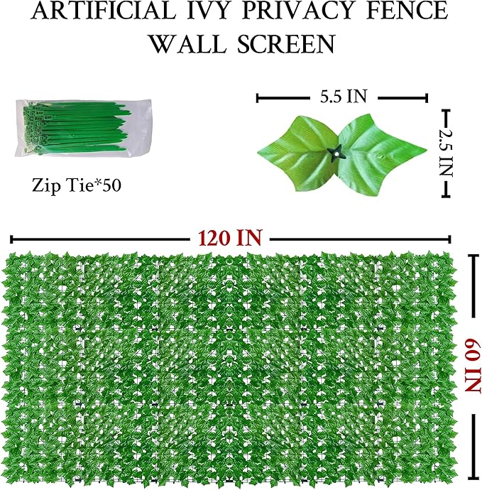ODTORY Artificial Ivy Fence Privacy Screen,60 x 120 Inch UV-Anti Artificial Fake Ivy Hedge,Light Green Artificial Hedge Backyard Decor for Indoor, Outdoor,Garden,Fence,Balcony and Many Other Scenarios