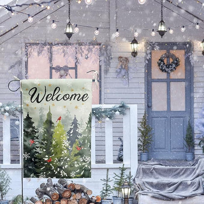 Welcome Winter House Flags Snowy Forest Pine Tree Garden Flag Cardinal Birds Yard Flag Large Christmas Outdoor Flags 28x40 Double Sided for Outside Farmhouse Lawn Decor
