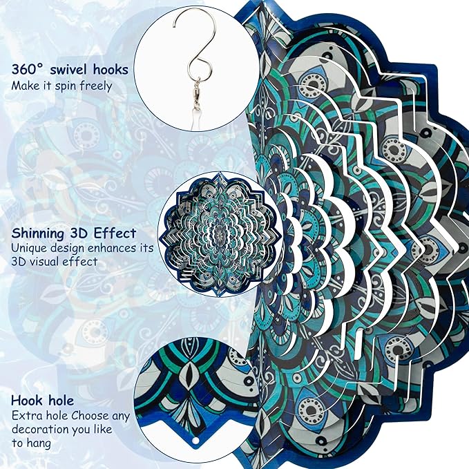 3D Mandala Wind Spinner - 12 Inch Hanging Blue Wind Spinner Stainless Steel Outdoor&Indoor Kinetic Sculpture, Metal Laser Cut Garden Decor Yard Art Decorations, Ornament Gift for Women Men
