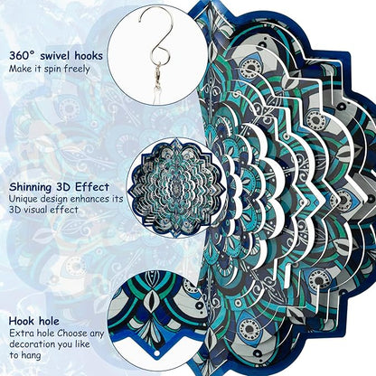 3D Mandala Wind Spinner - 12 Inch Hanging Blue Wind Spinner Stainless Steel Outdoor&Indoor Kinetic Sculpture, Metal Laser Cut Garden Decor Yard Art Decorations, Ornament Gift for Women Men