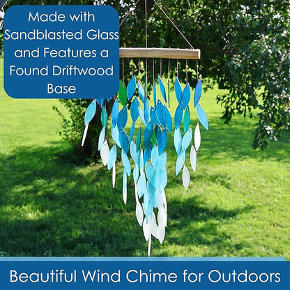Blue Handworks Deluxe Ocean Ombre Waterfall & Driftwood Chime, Sandblasted Glass and Found Wood Handcrafted Wind Chime