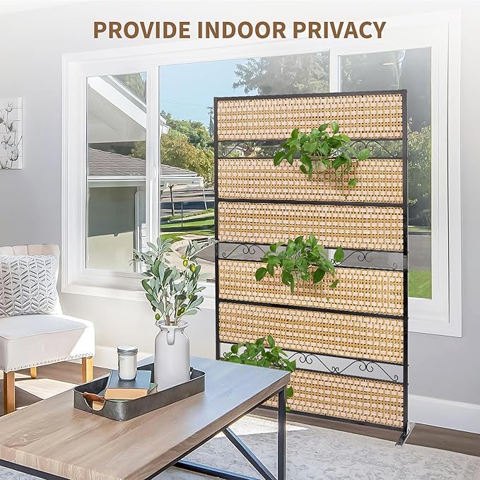 73" H×45" W Rattan Outdoor Privacy Screen Freestanding for Patio, Balcony Metal Privacy Screen and Room Divider for Garden, Apartment, Deck(Beige, 1 Panel)