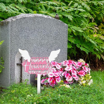 AceOrbit 13.8 X 7.9 Inches Large Happy Birthday in Heaven Decorations Cemetery Decorations for Grave Metal Memorial Remembrance Stake, Grave Markers for Human Cemetery Garden Yard Site Outdoor (Pink)