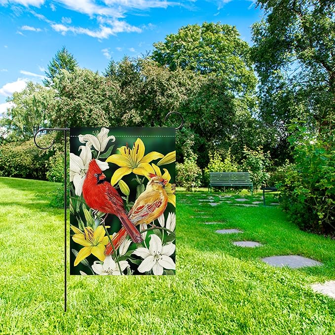 Furiaz Decorative Cardinal Flower Spring Small Garden Flag Double Sided, Red Yellow Birds Home Floral Lily Burlap Outside House Yard Decoration, Summer Green Seasonal Outdoor Décor Flag 12.5 x 18