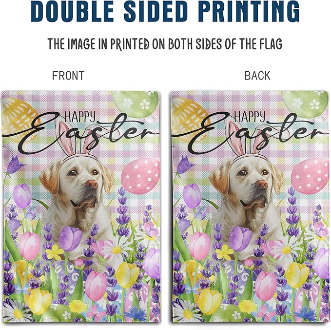 Happy Easter Labrador Dog Garden Flag White Lab Spring Flags Buffalo Plaid Bunny Eggs Yard Flag for Outside 12x18 Double Sided Small Decorative Floral Outdoor Flag
