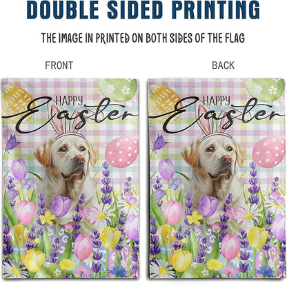 Happy Easter Labrador Dog Garden Flag White Lab Spring Flags Buffalo Plaid Bunny Eggs Yard Flag for Outside 12x18 Double Sided Small Decorative Floral Outdoor Flag