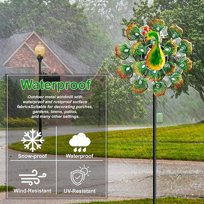 Outdoor Peacock Wind Spinners Featuring Glittering Gem Decor, 13.5" D x 65" H Kinetic Wind Sculptures, 360° Rotatable Metal Garden Wind Spinners for Yard and Outdoor Decor (Green)