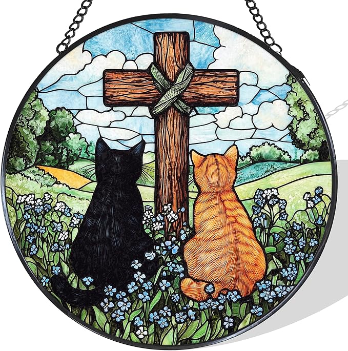 Cat Cross Stained Glass Window Hanging Suncatcher Gifts for Women, Christian Forget Me Not Sun Catcher Indoor Window Decor, Rustic Cats Painted Glass Wall Hanging Decorations 7.8x7.8 in