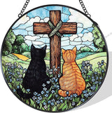 Cat Cross Stained Glass Window Hanging Suncatcher Gifts for Women, Christian Forget Me Not Sun Catcher Indoor Window Decor, Rustic Cats Painted Glass Wall Hanging Decorations 7.8x7.8 in