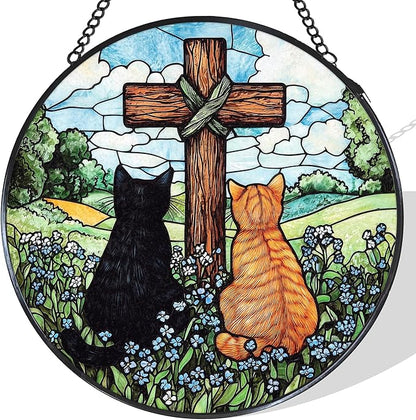 Cat Cross Stained Glass Window Hanging Suncatcher Gifts for Women, Christian Forget Me Not Sun Catcher Indoor Window Decor, Rustic Cats Painted Glass Wall Hanging Decorations 7.8x7.8 in