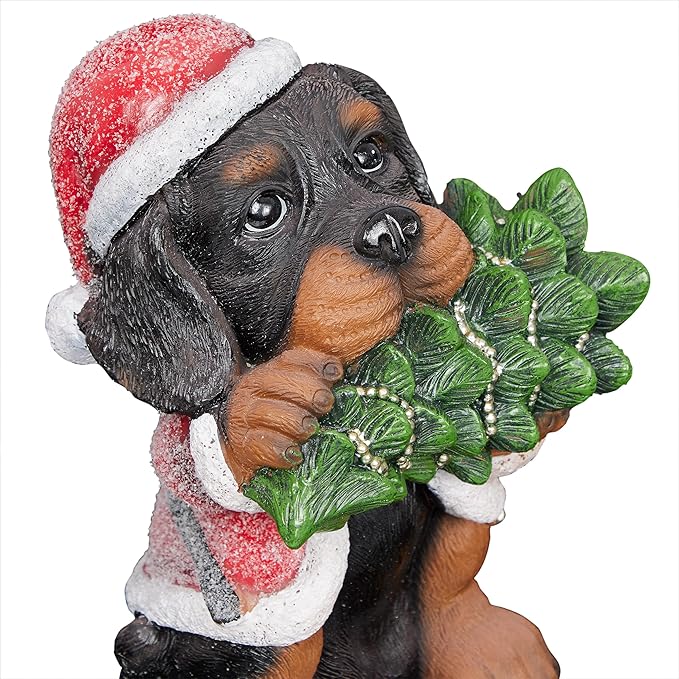 Alpine Corporation 12" Tall Puppy Christmas Statue with Santa Coat and Pine Tree, Weather-Resistant Resin Figurine, Indoor/Outdoor Holiday Decoration for Porch or Entryway