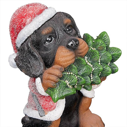 Alpine Corporation 12" Tall Puppy Christmas Statue with Santa Coat and Pine Tree, Weather-Resistant Resin Figurine, Indoor/Outdoor Holiday Decoration for Porch or Entryway