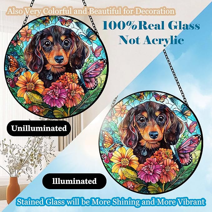 Dog Stained Glass Window Hanging Dachshund in Flowers Suncatcher Colored Glass Suncatcher for Indoor Garden Decoration Gift for Per Lover Memorial Wife Friend Family 6.3in