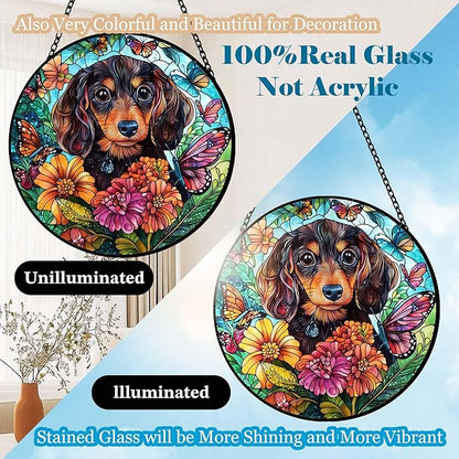Dog Stained Glass Window Hanging Dachshund in Flowers Suncatcher Colored Glass Suncatcher for Indoor Garden Decoration Gift for Per Lover Memorial Wife Friend Family 6.3in