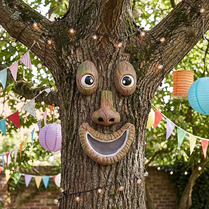 Hollowfly Tree Face Decor Outdoor Tree Faces Trees Yard Art Statues Garden Cute Funny Creative Decoration for Indoors Outdoor Garden Decoration(Smiling Style)