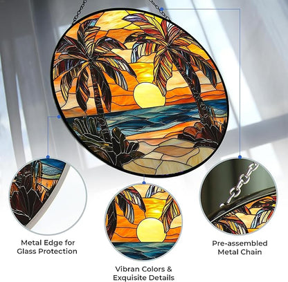 Palm Trees Stained Glass Sun Catcher Mountain Stained Glass Window Hanging, Suncatchers Lavender Wall Decor, for Women/Friends/Lover