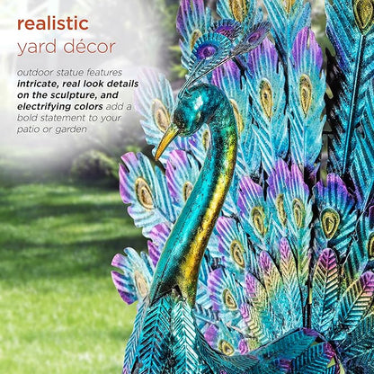 Alpine Corporation 23" Tall Outdoor Metallic Peacock Tail Spread Yard Statue, Vibrant Garden Sculpture for Patio, Lawn, or Entryway, Multicolor