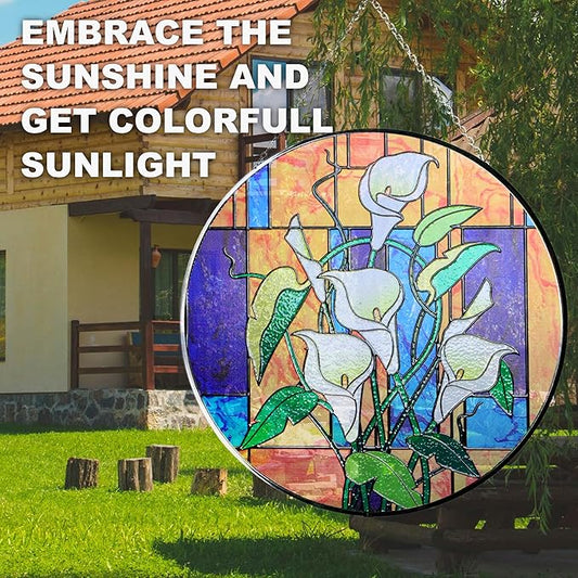 Hanway Suncatcher in Colorful Stained Glass 12" Dia - Genuine Brightly Colored Glass, Protective Metal Edge, Ready to Use Hanging Chain, for Window, Garden (Alocasia)