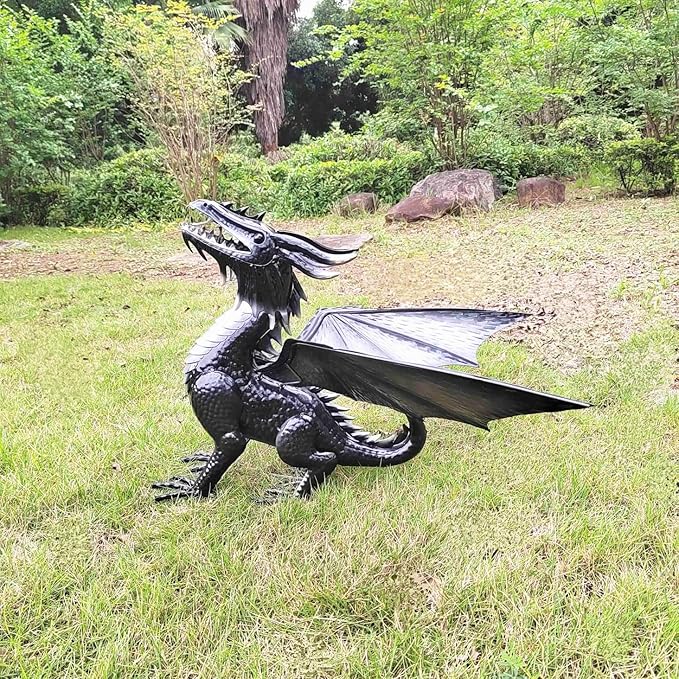 Decorative Black Echo Dragon Garden Sculpture, Design Horned Dragon Winged Gargoyle Dragon– Patio Porch Courtyard Decor-Rockery Topper Statue-Gothic Flying Grotesque Dragon