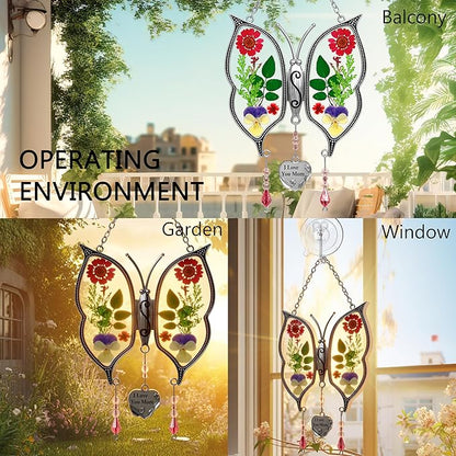 KY&BOSAM Metal Glass Butterfly Suncatcher with I Love You Mom Engraved Tag Real Preserved Dried Flower Window Hanging Ornament Garden Home Wall Decor Mother's Day Birthday Gift for Mom Grandma Nana