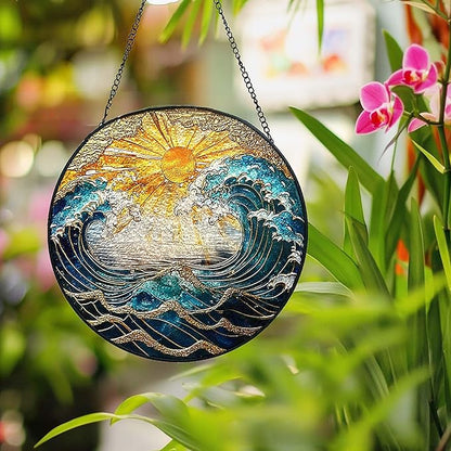 Ocean Wave Sunset Suncatcher Stained Glass Window Hanging - 10" Hand-Painted Sun Catcher Garden Hanging Decoration with Metal Chain Outdoor Garden Decor Christmas for Women