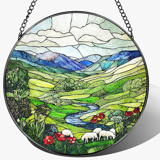 Stained Glass Window Hanging, Pauyadu 8 Inch Green Irish Hills Stained Glass Suncatcher, Window Decorations for Home, Christmas, Mother's Day, Birthday, Gifts for Women, Perfect for Nature Lovers