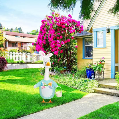 FuWeave Easter Bunny Goose Outfit Easter Egg Porch Goose Costume for Cement Plastic Geese Statue Spring Outdoor Garden Yard Patio Decoration(Baby Blue,17 Inches,Cute Bunny)