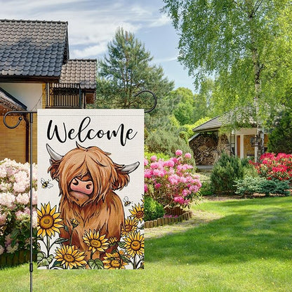 Heyfibro Welcome Spring Summer Highland Cow Garden Flag 12x18 Inch Double Sided Burlap, Farmhouse Sunflower Yard Flags for Seasonal Outside Outdoor Decoration (ONLY FLAG)