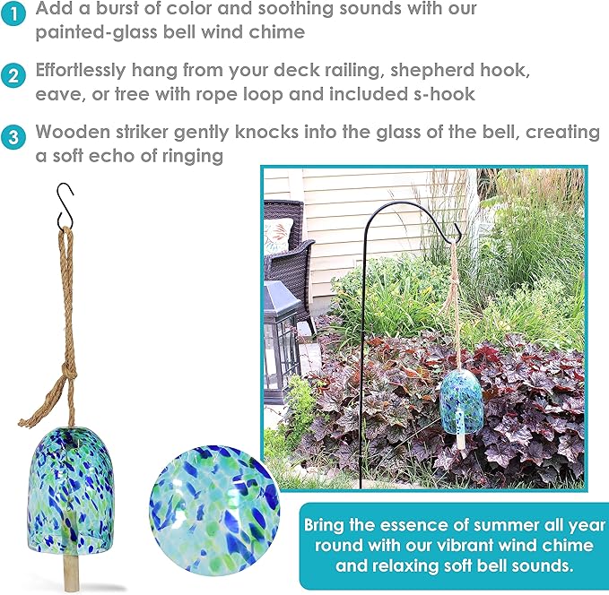 Sunnydaze Natural Melody Wind Bell - Painted Glass Wind Chime Bell for the Patio, Deck, or Porch - 7.5" - Blue Freeze