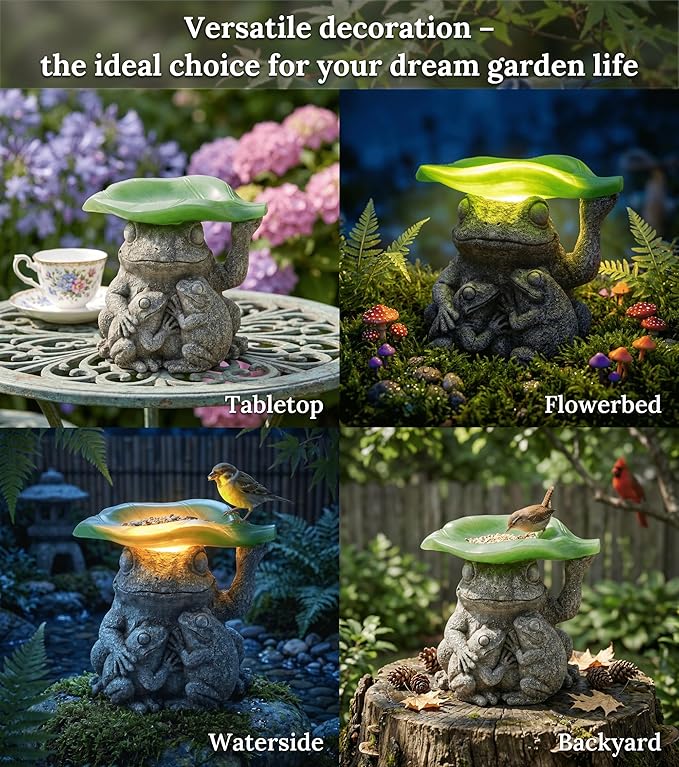 MXwcy Solar Garden Lights Frog Statue Bird Feeder, 7.87" Resin Frog Family Statue Solar Garden Decor, Solar Lights Outdoor Waterproof for Yard Patio Lawn, Frog Gifts for Women Mom Grandma