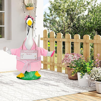 Winter Porch Goose Outfit for 23'' Cement Plastic Geese Statue, Pretty Lady Goose Outfit Clothes, Pink Bathrobe Lipstick Mirror for Outdoor Garden Lawn Yard Patio Decoration