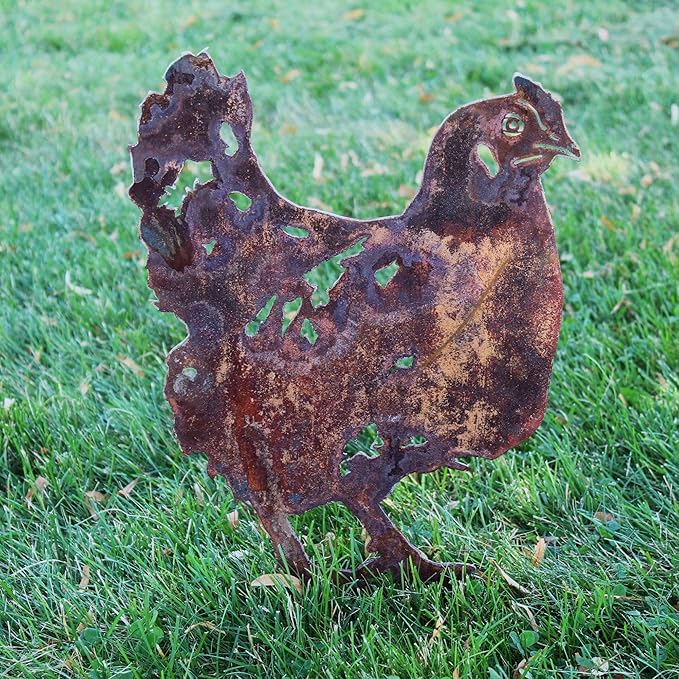 Corten Steel Chicken Silhouette Rusting Yard Stake