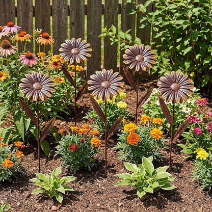 5 Pcs 11.8 Inch 3D Rusty Metal Garden Stakes, Weatherproof Decorative Plant Picks for Farmhouse Outdoor Yard, Lawn, Patio & Walkway(Daisy)