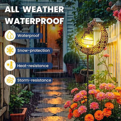 Fairy Garden Solar Lights Outdoor Moon Stakes, Waterproof Outdoor Metal Decor Gifts for Women Mom, Art Moon Sculpture for Yard, Patio, Garden, Porch, 2 Pack