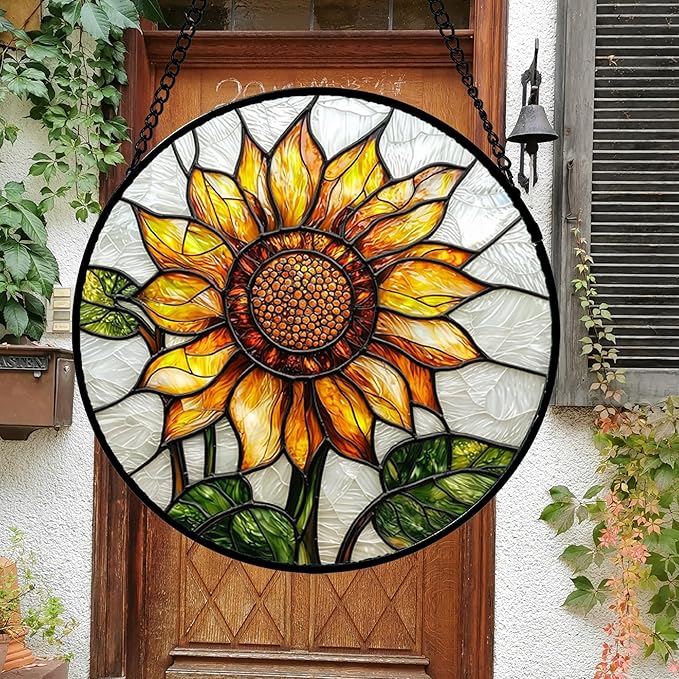 DASTOLL Stained Glass Window Hanging - Sunflower Flower Suncatcher Ready to Hang Window Doors Home Decoration and Christmas, Mother's Day Birthday Gifts for Women, Men, and Mom 14.9x14.9 in
