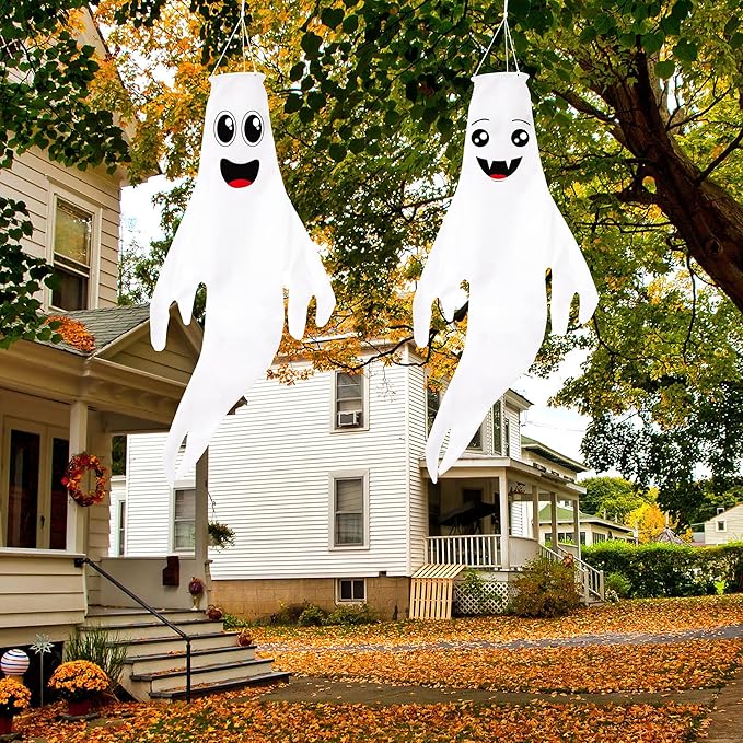 2PCS Halloween Cute Ghost Windsocks Hanging Decorations - 43 Inch Flag Wind Socks for Home Yard Outdoor Decor Party Supplies (No Lights)