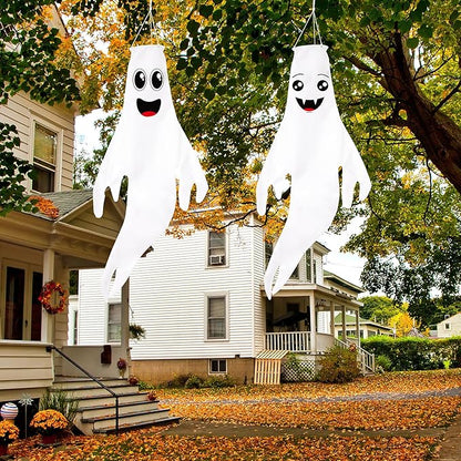 2PCS Halloween Cute Ghost Windsocks Hanging Decorations - 43 Inch Flag Wind Socks for Home Yard Outdoor Decor Party Supplies (No Lights)