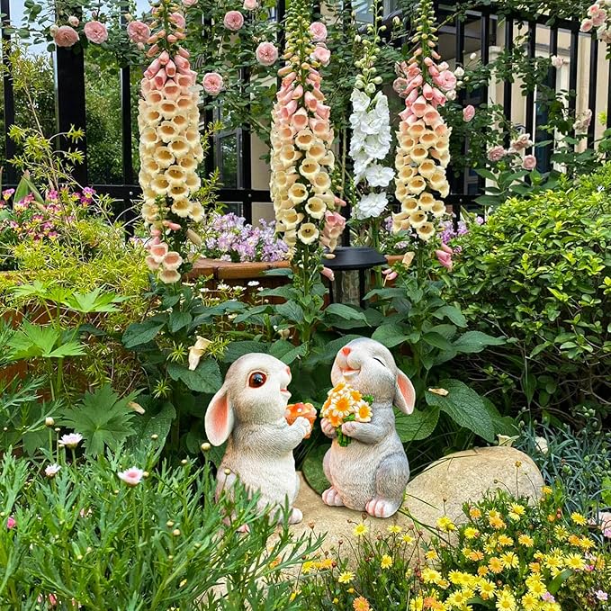 Solar Rabbit Garden Statues Outdoor Easter Bunny Decor Resin Rabbit Figurine Holding Sunflower with LED Lights for Proch Patio Lawn Yard Christmas Birthday Gardening Gifts for Mom Women