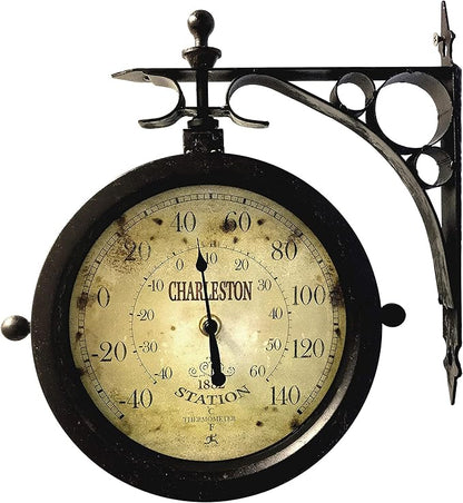 Infinity Instruments Charelston Metal Outdoor Clock, Waterproof Double Sided Train Station Clock & Thermometer