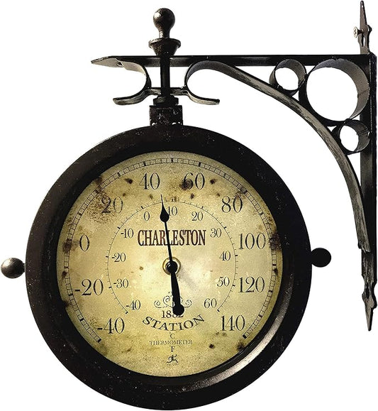 Infinity Instruments Charelston Metal Outdoor Clock, Waterproof Double Sided Train Station Clock & Thermometer