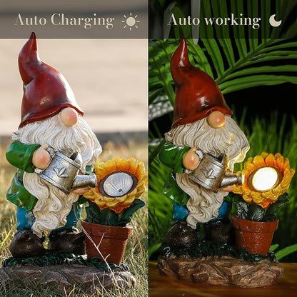TERESA'S COLLECTIONS Sunflower Garden Gnomes Decorations for Yard with Solar Lights, Cute Resin Garden Sculptures & Statues for Outdoor Patio Lawn Ornaments,Ideal Gifts for Mom Women and Man, 11.4"