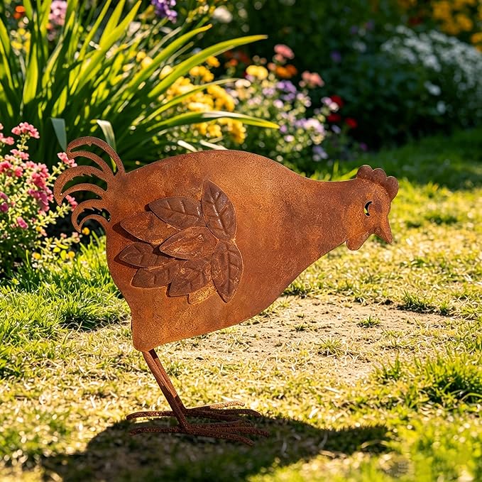 Metal Rooster Garden Decor for Outside, 12.6" Rusty Chicken Outdoor Decor for Patio Lawn Backyard, Decoration Yard Art Animal Ornaments Vintage Rustic Chicken Figurine Sculptures Statues