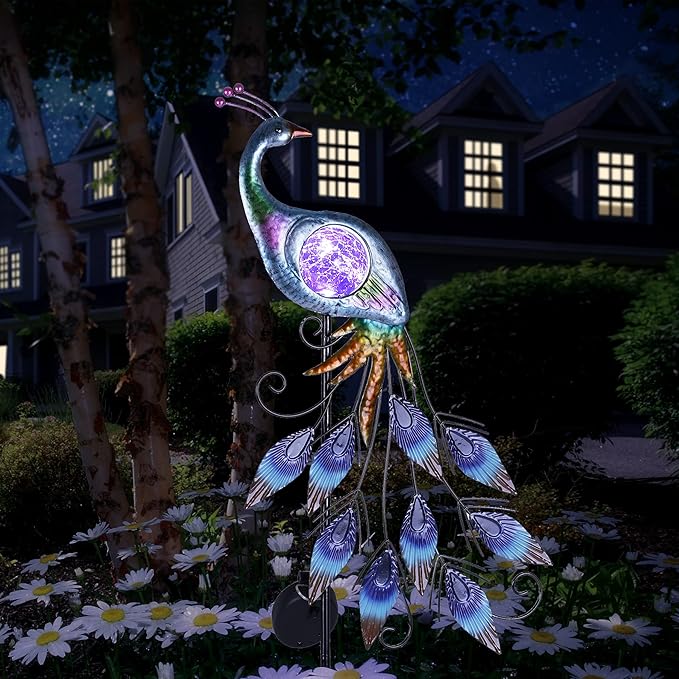 TERESA'S Collections Yard Decorations Outdoor for Garden Decor, Peacock Solar Outdoor Lights, 35.4'' Metal Lawn Ornaments for Outside with Crackle Glass Ball, Decorative Stake Gifts for Mom