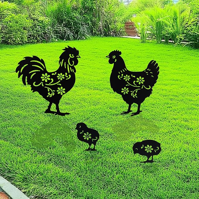 Flohuaer Chicken Metal Decorative Garden Stakes 4pcs Chicken for Women/Men Chicken Lovers Gifts Silhouette Statues for Outside Yard Art Outdoor Patio Lawn Ornaments Garden Decorations