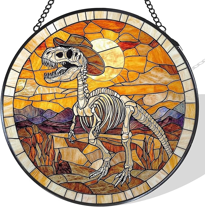 Western Dinosaur Stained Glass Window Hanging Suncatcher, Prehistoric Dino Fossils Sun Catcher Indoor Window Decor, Dinosaur Skeleton Painted Glass Wall Hanging Decorations, 7.8x7.8 in