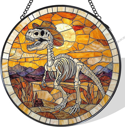 Western Dinosaur Stained Glass Window Hanging Suncatcher, Prehistoric Dino Fossils Sun Catcher Indoor Window Decor, Dinosaur Skeleton Painted Glass Wall Hanging Decorations, 7.8x7.8 in