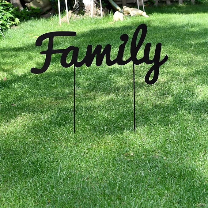 Metal Letters Garden Stakes Yard Art Word Sign Lawn Decoration Indoor Outdoor Plant Pot Decor Decorative Stick for Patio Pathway Flower Bed (family)